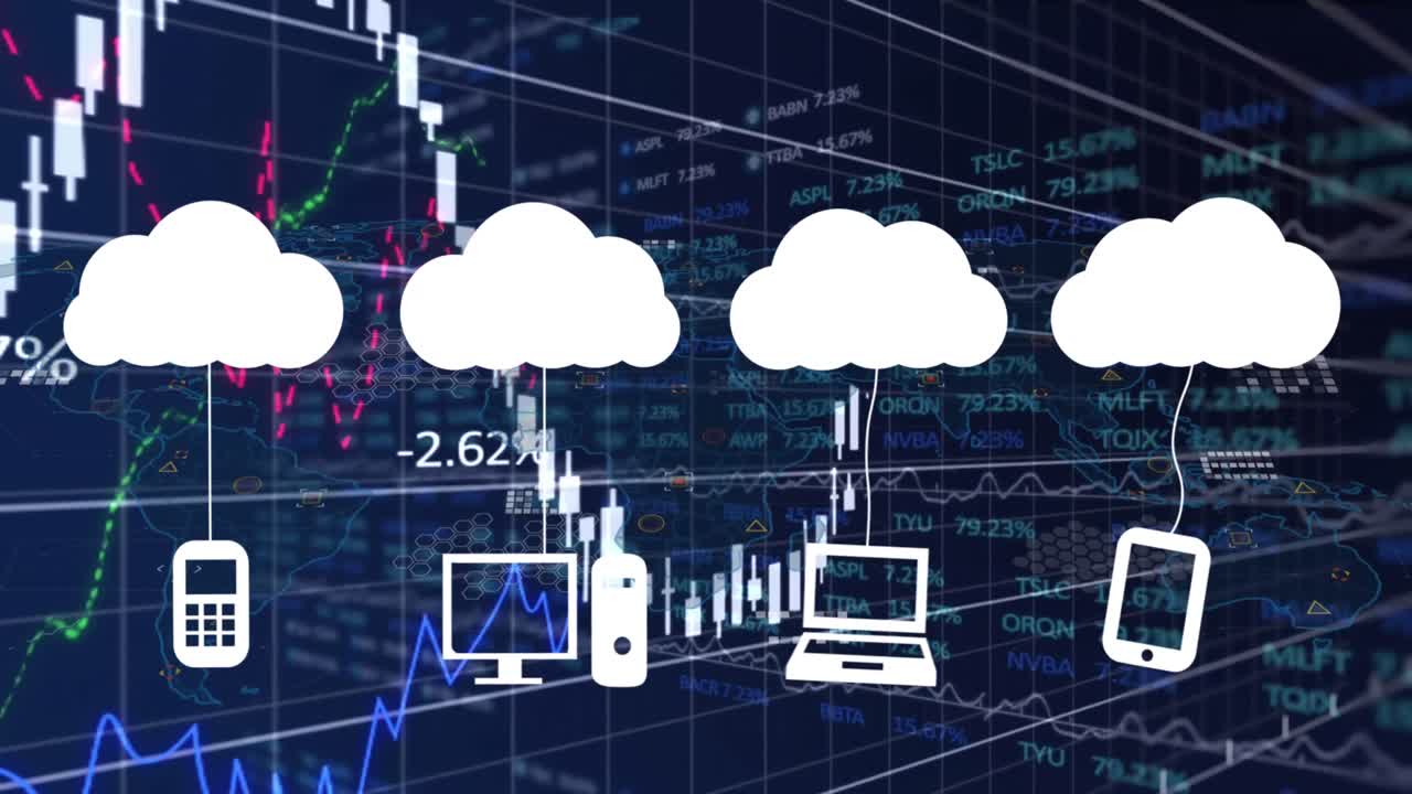 animación de nubes con iconos sobre el procesamiento de datos en fondo negro