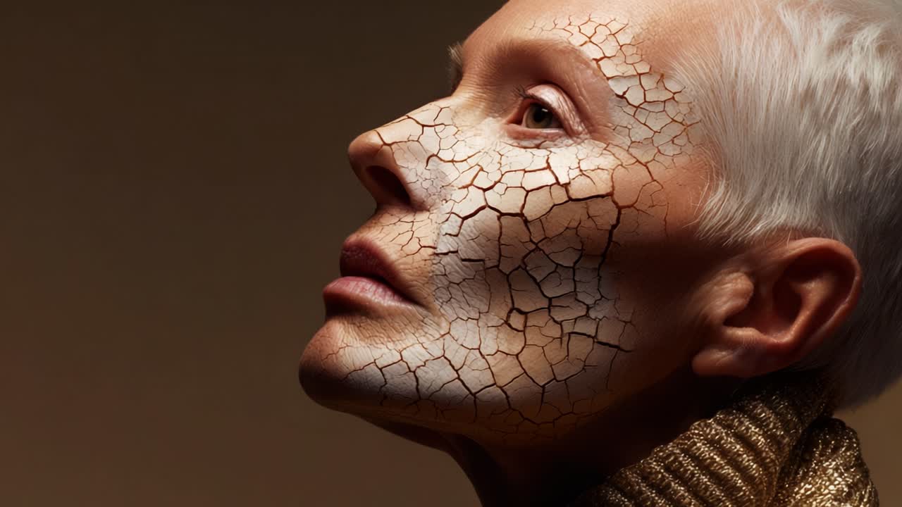 A stunning visual exploration of aged beauty, showcasing a close-up of a serene face with intricate cracks, exuding both fragility and strength in an artful display