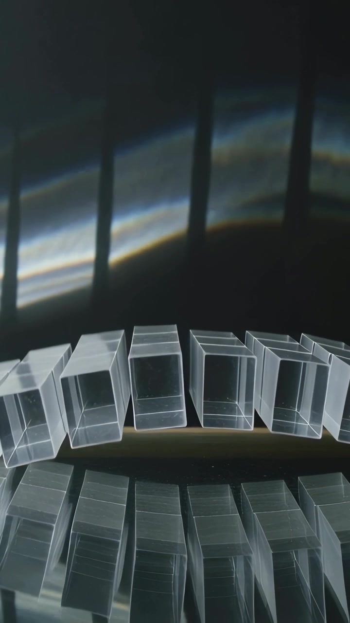 Vertical video: Tilting center prism starting toppling across prisms on glass top with light band