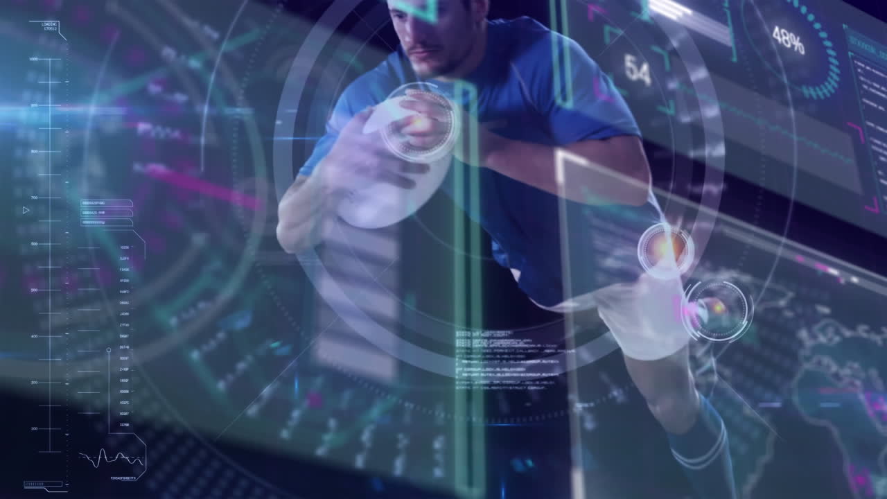 animación de la interfaz y el procesamiento de datos sobre un jugador de rugby masculino que se zambulle con la pelota