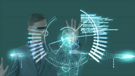 man wearing vr glasses interacting with holographic digital human animation