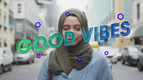 animation of text vibes over woman smiling