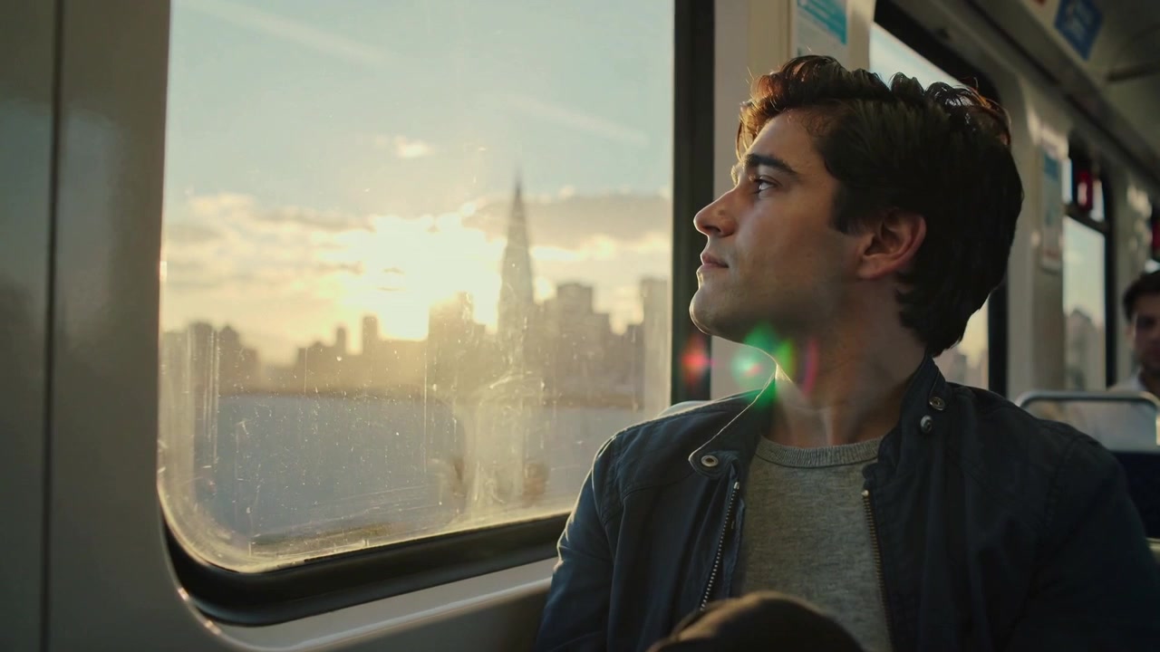 Luce solare che illumina un pendolare uomo con giacca blu scuro che si gira a guardare lo skyline dal finestrino del treno, spazio per il testo
