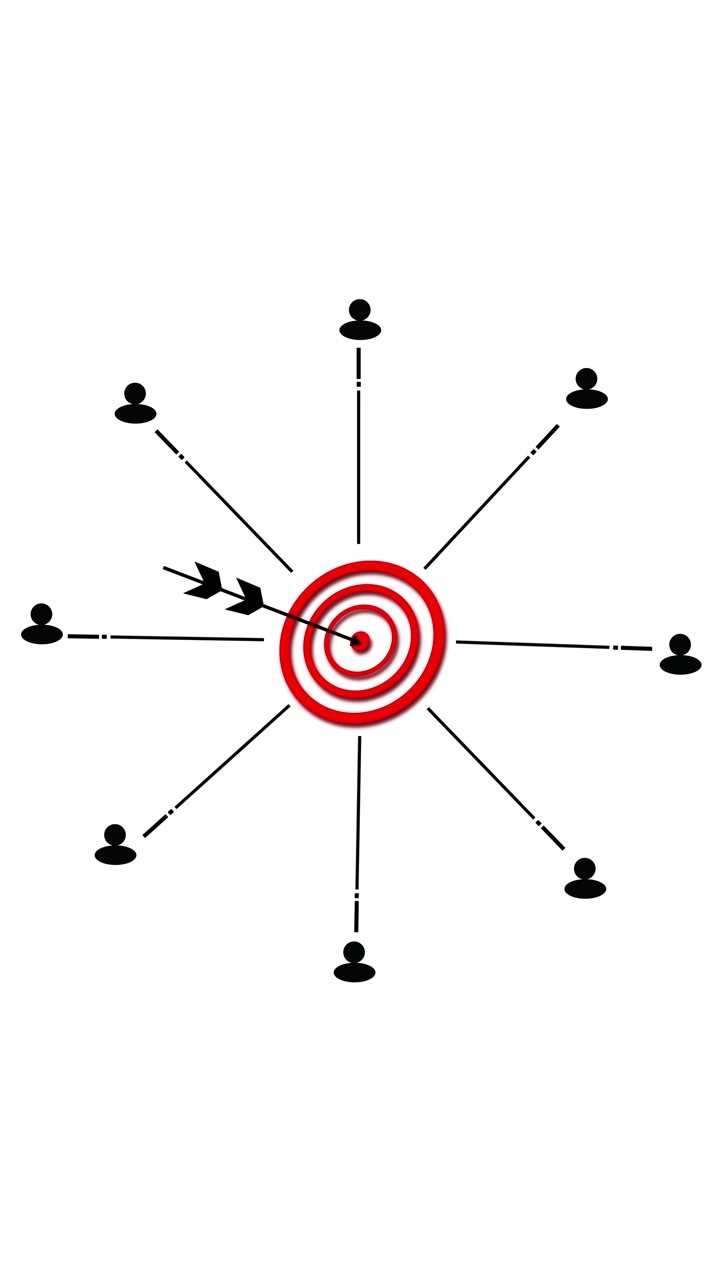 Business goal target animation red bullseye black arrow user symbol and clean white copy space
