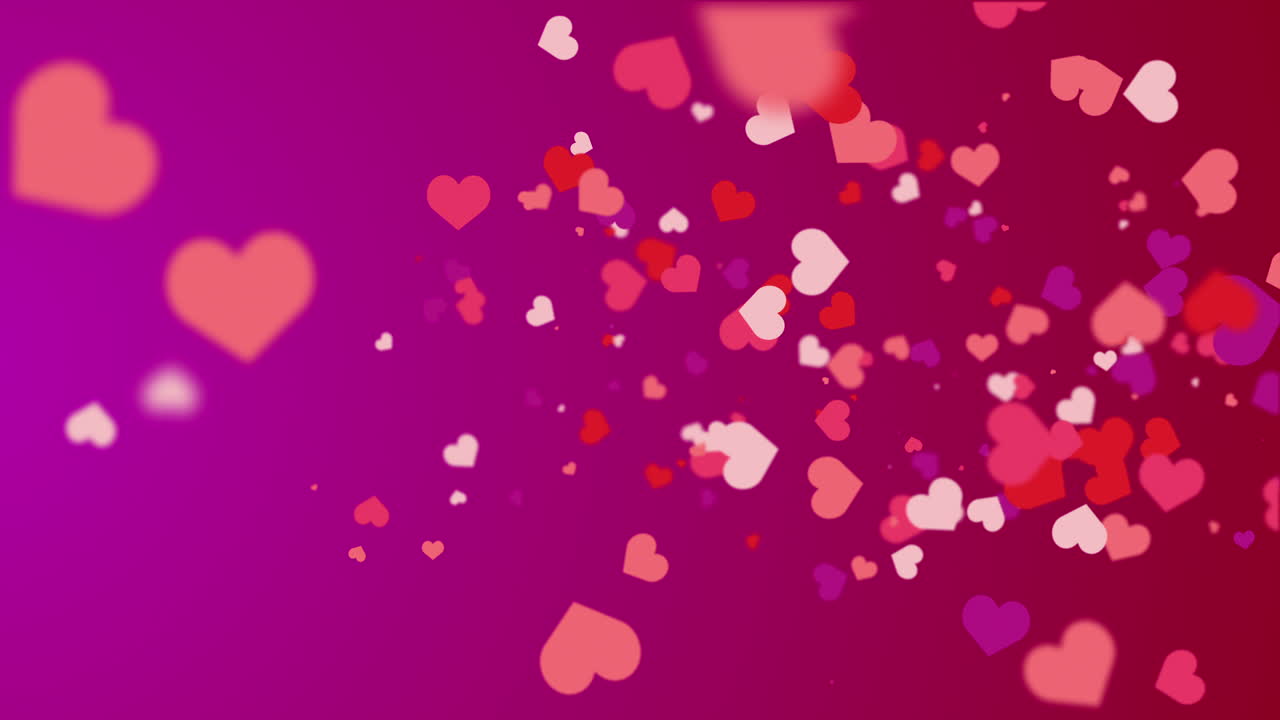 Flying romantic red hearts of different sizes. Animated abstract pink background. Looped video. Concept for valentine's day, wedding.