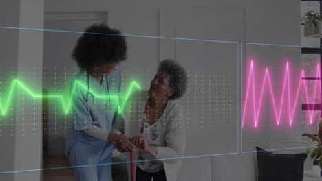 animación de monitor de ritmo cardíaco sobre diversas trabajadoras de la salud ayudando a una anciana a caminar