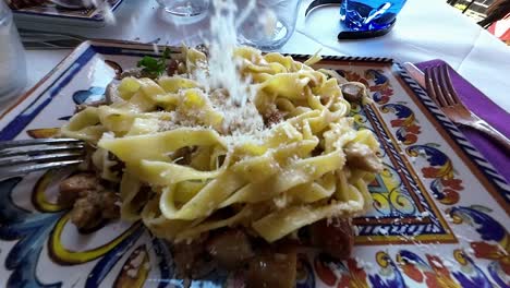 Parmesan-sprinkled-on-a-plate-of-pasta,-italian-cuisine