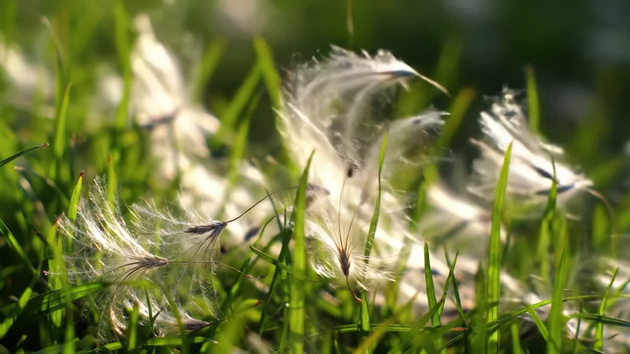 Delicate Seeds Dancing in the Green Grass: A Serene Close-Up Capturing Nature's Beauty and the Gentle Breeze at Play