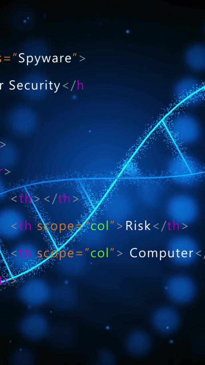 Animation of digital data processing and dna strands on black background