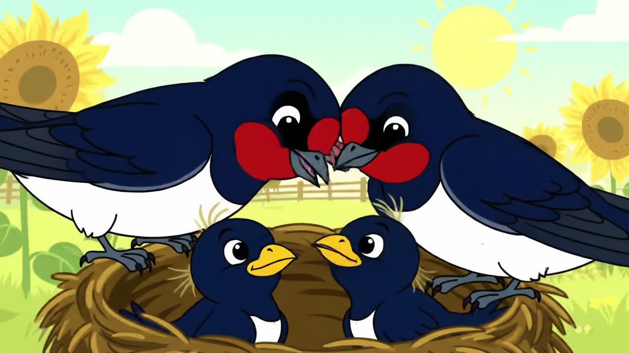 A Heartwarming Scene of Swallows Caring for Their Young in a Nest Surrounded by Sunflowers and a Bright Sunny Sky