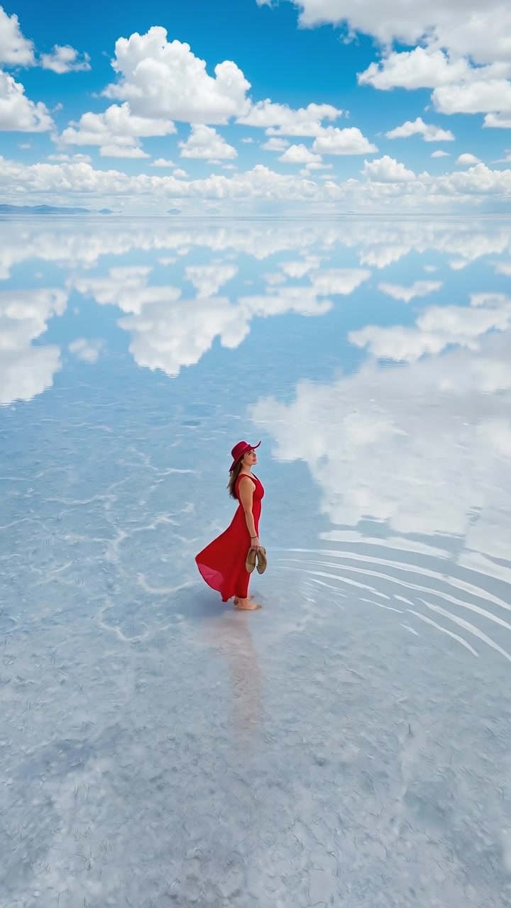 Donna con un vestito rosso e un cappello che cammina attraverso una vasta salina con i riflessi del cielo.