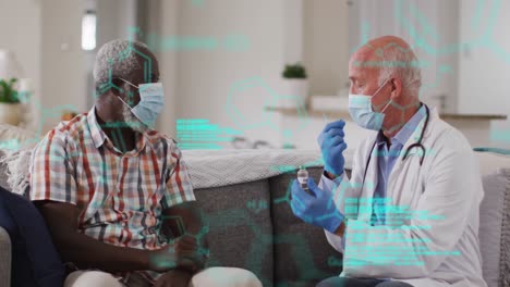 Animation-of-data-processing-over-caucasian-male-doctor-with-african-american-patient