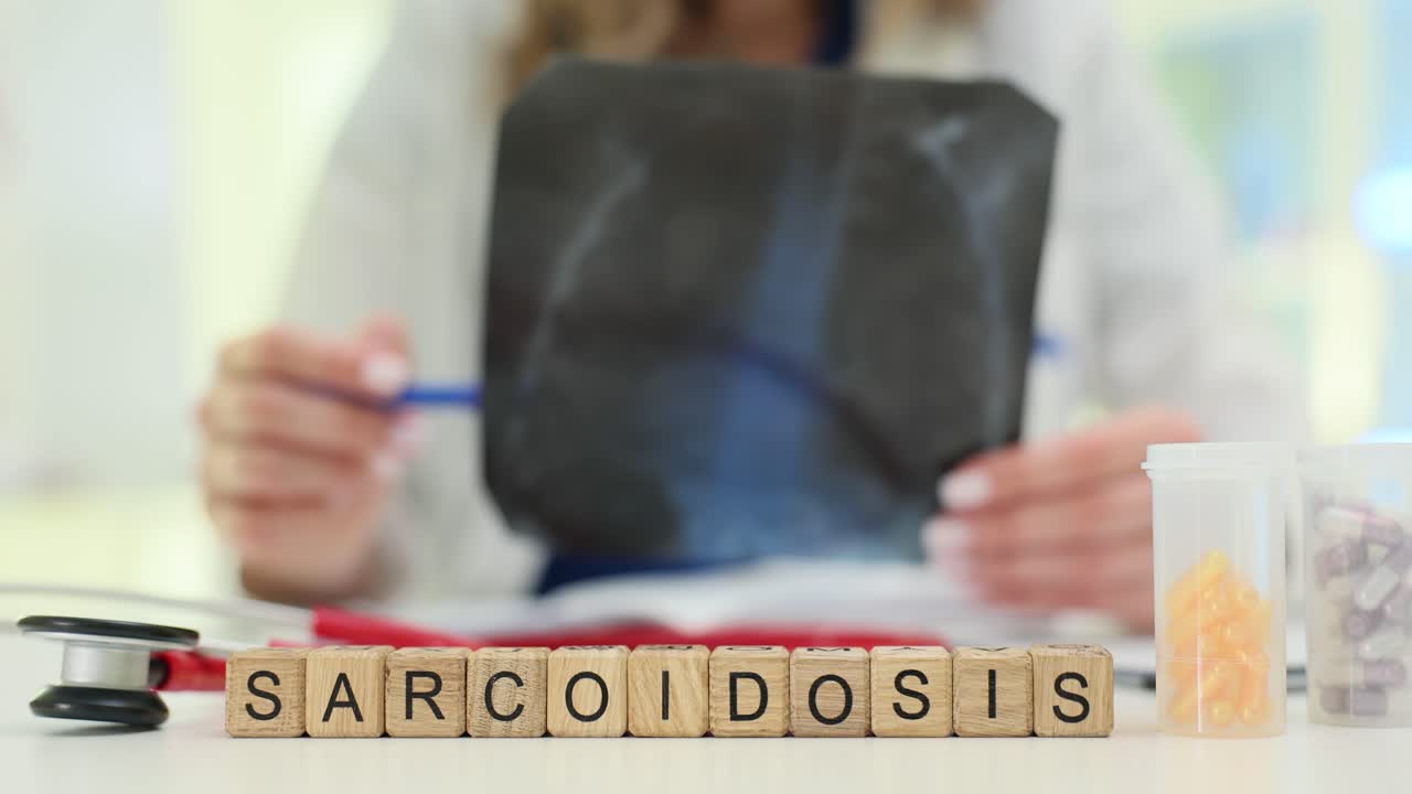 Parola sarcoidosi su blocchi di legno vicino a pillole e stetoscopio sulla scrivania