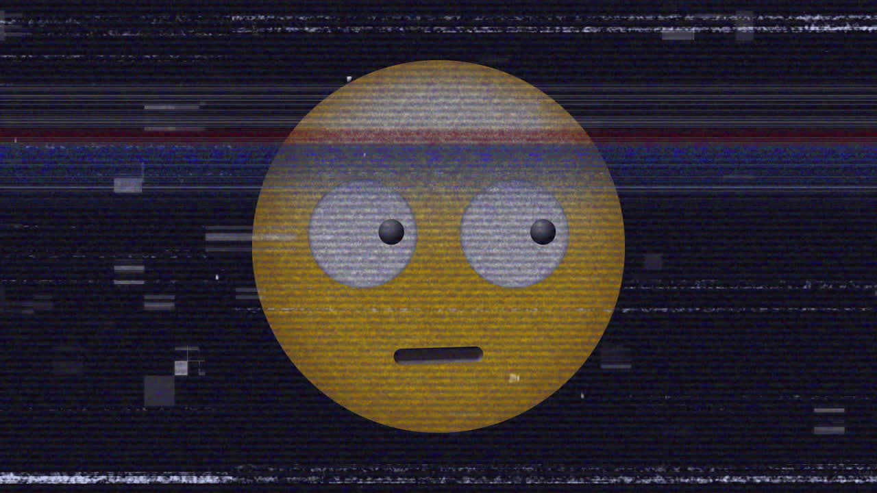 Digital animation of tv static effect over confused face emoji against black background