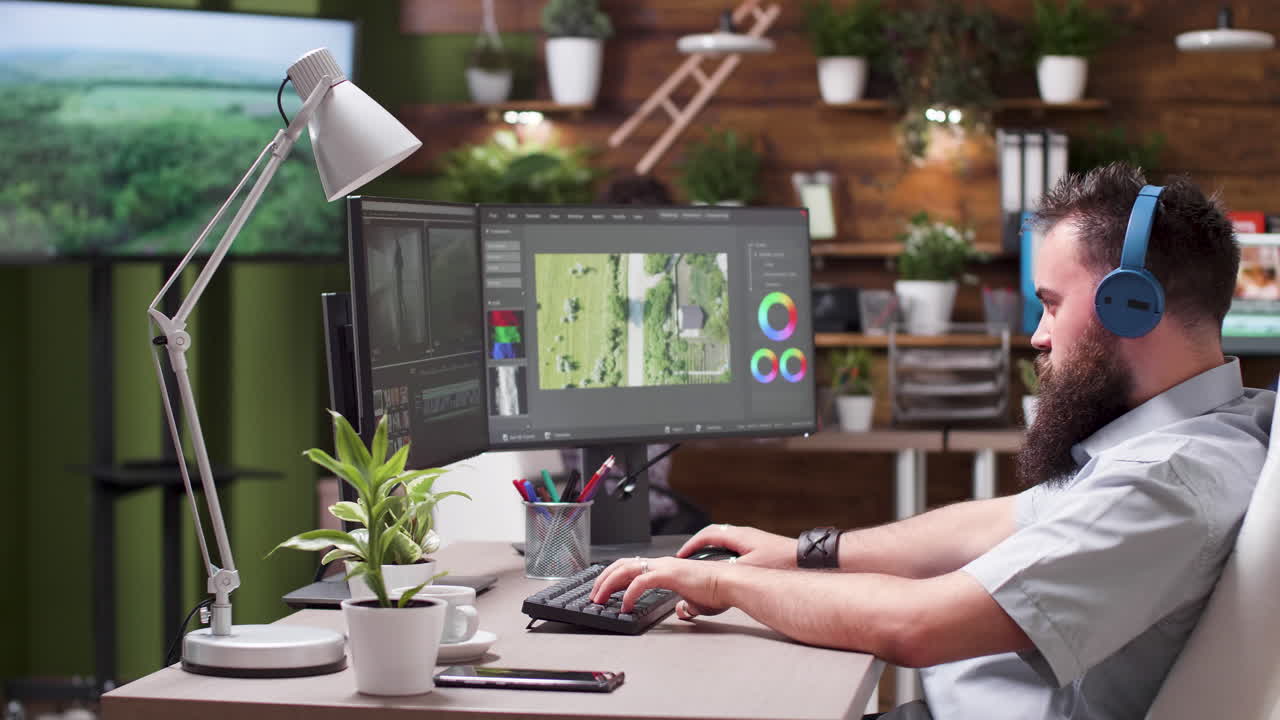 Man working on editing on computer