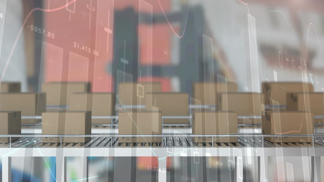 コンベヤーベルト上の段ボール箱の映像の上に、統計とデータ処理のアニメーションが重なって表示される