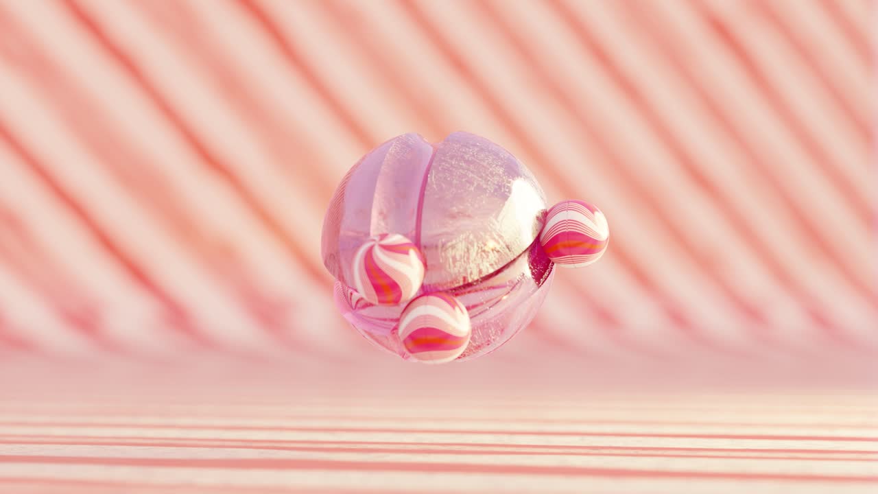 3D rendering of small candy balls rolling on pink sphere in loop
