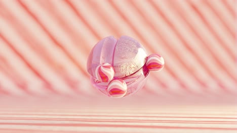 3d rendering of small candy balls rolling on pink sphere in loop
