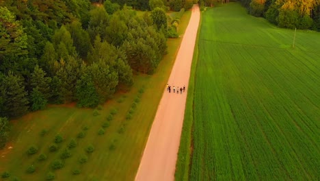 group of friends waking peacefully along a dirt rural road next to a forest at sunset