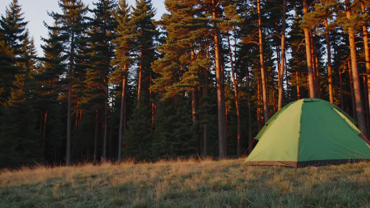 Wide-angle shot of a green tent in a forest clearing at sunset, capturing the serene outdoor camping