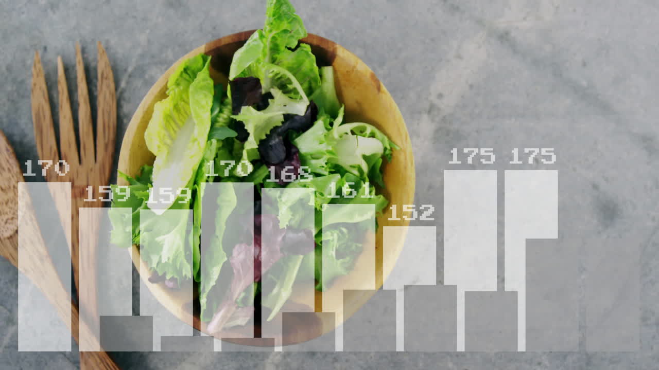Animation of bar graph overlaying nutritional data on salad bowl on table