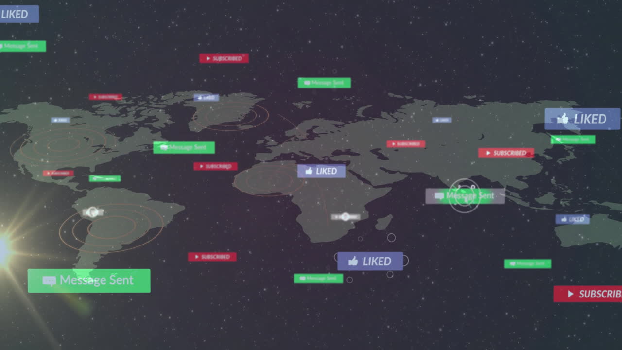 World map with animated social media notifications and interactions displayed