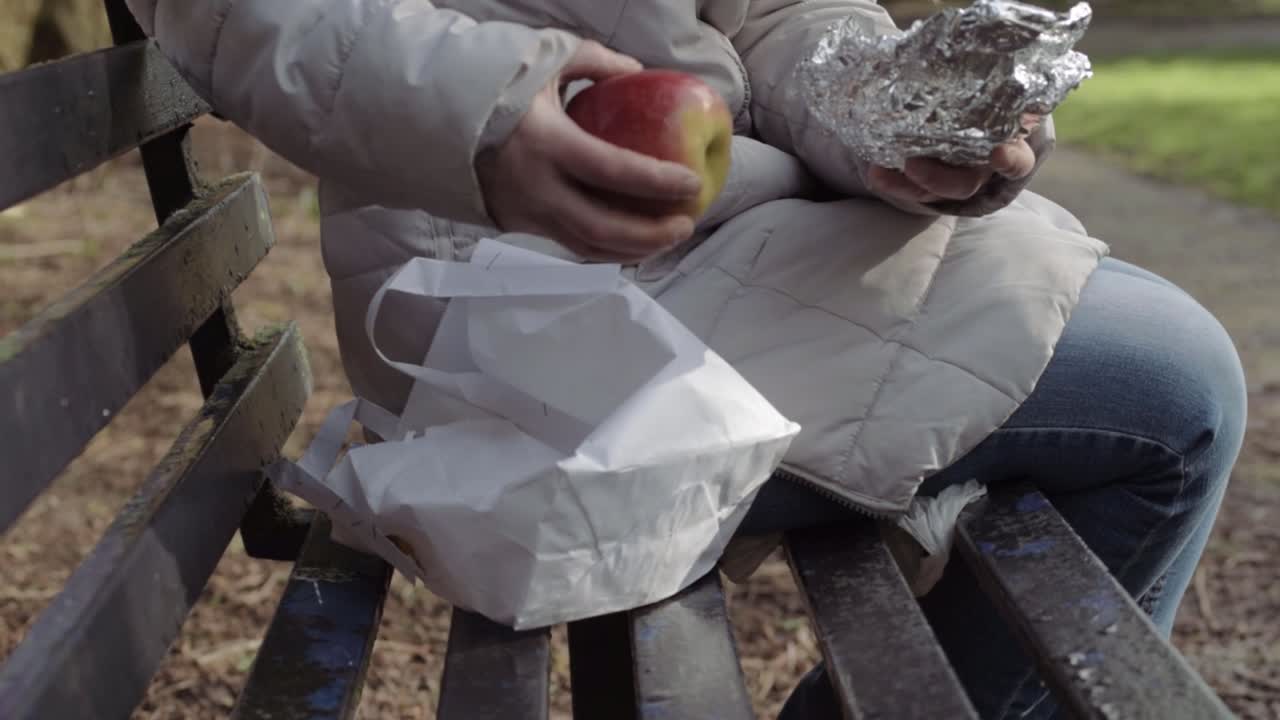 Eating a healthy packed lunch of sandwich and apple on park bench