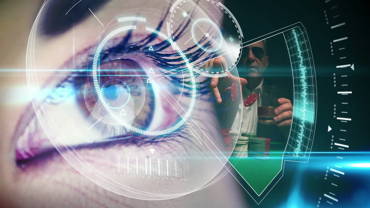 ojo mirando la interfaz futurista que muestra clips de juego