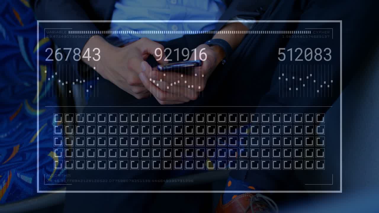 HUD overlay fading in prompts man tapping phone while numeric readouts updating to track metrics