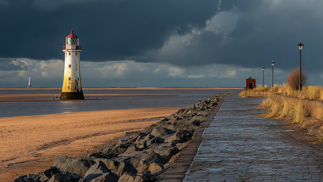 A Dramatic Seascape Featuring a Historic Lighthouse Surrounded by Golden Sands and Stormy Skies, Highlighting Nature's Power and Beauty in Coastal Landscapes