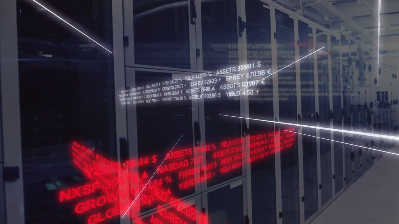 White ticker appearing, scrolling while racks reflecting red text and streaks, showing market data
