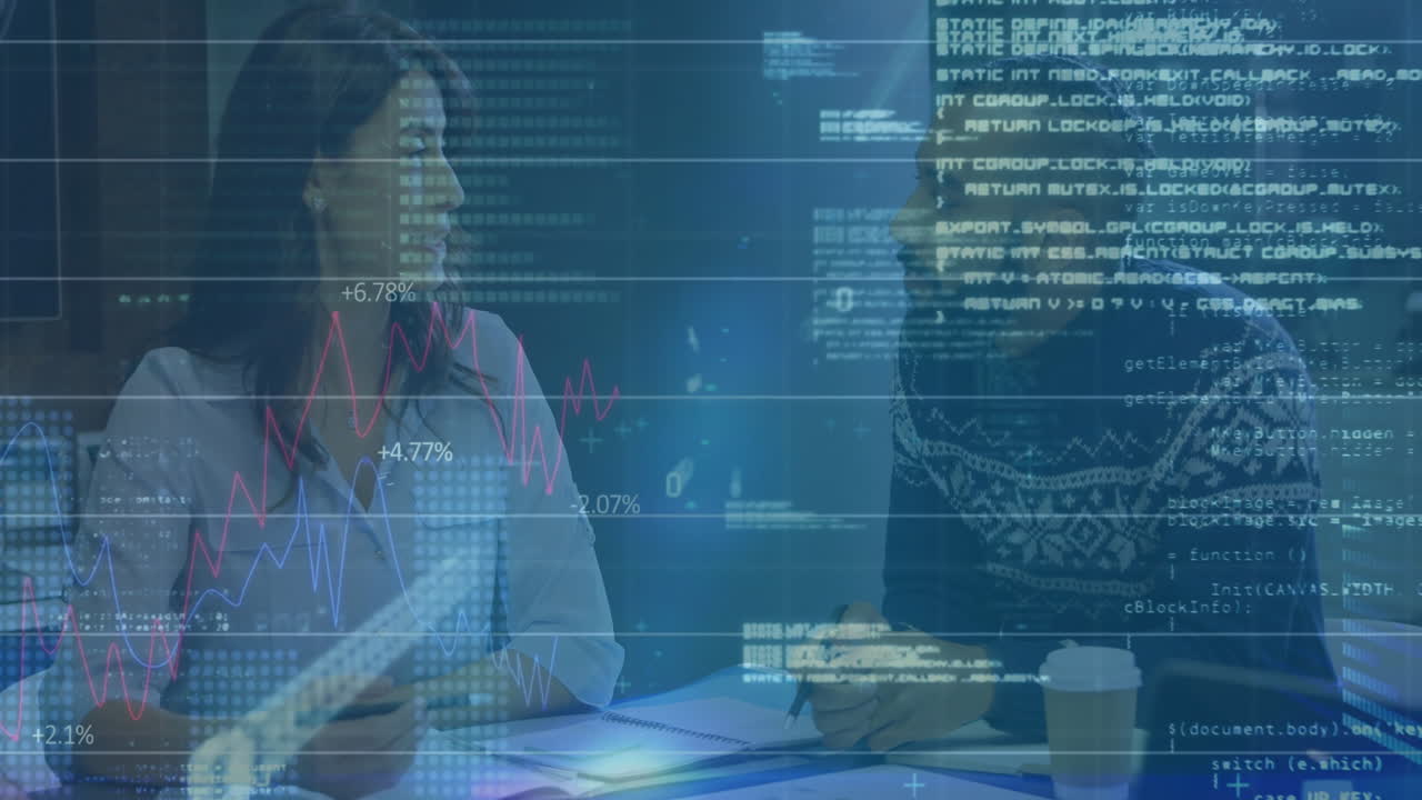 Animation of financial data processing over diverse business people in office