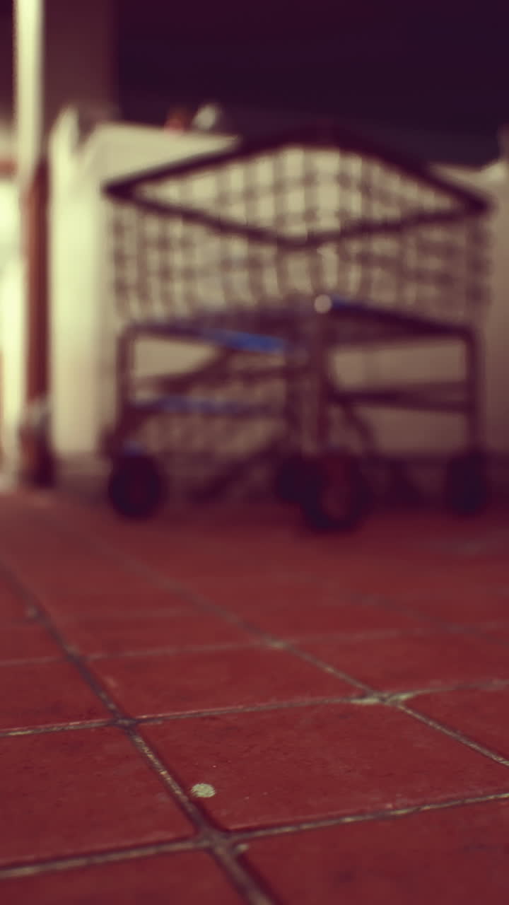 빨간 타일 바닥과 쇼핑 카트의 흐릿한 이미지