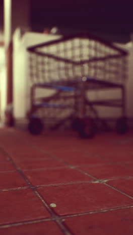 imagen borrosa de un piso de azulejos rojos y un carrito de compras