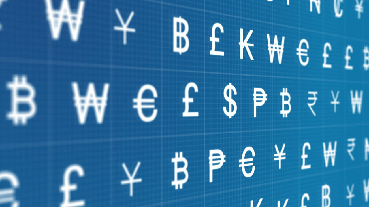 파란색 배경 에 움직이는 통화 표지판 의 행 의 애니메이션