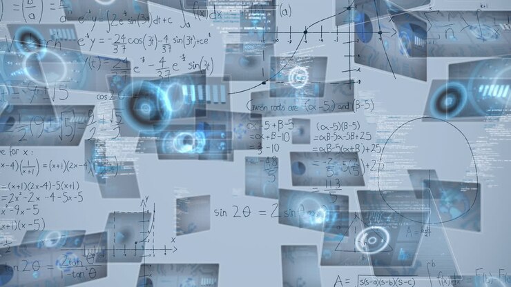 Animation of mathematical equations and data processing on white background