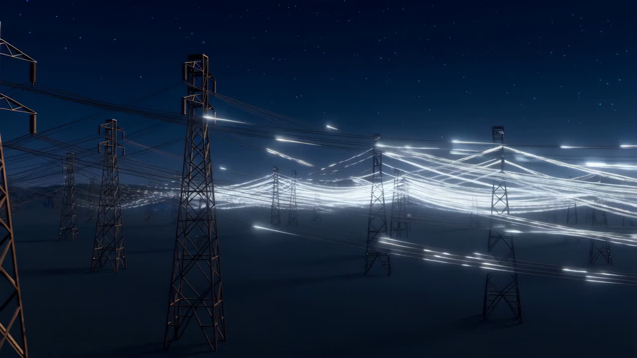 Abstract Digital Energy Flow Across a Power Grid at Night