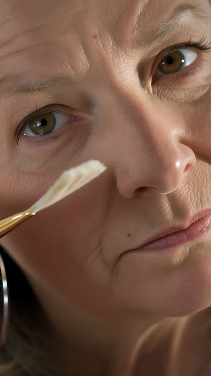 Video verticale: Donna anziana che tiene un piccolo pennello bianco, applica il trucco sul naso alla specchiera per la cura personale.