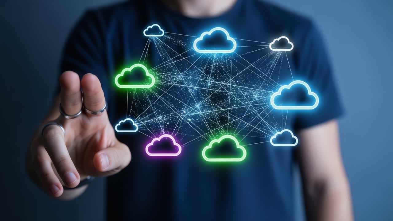 A Person Interacting with a Virtual Cloud Network Visualization, Demonstrating Connectivity and Technology in a Modern Digital Environment