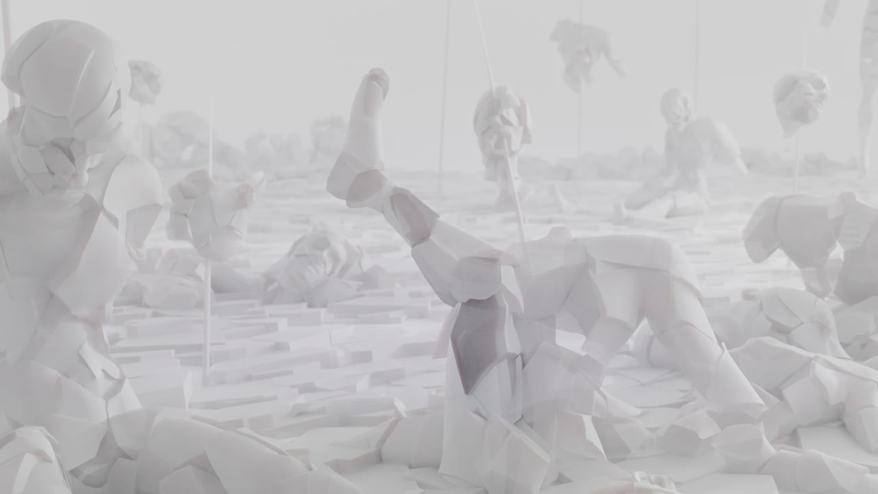 Destroyed android shells on spikes on a foggy junkyard