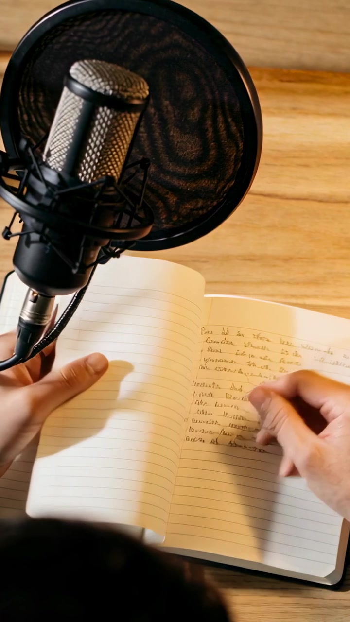 Podcaster's hands flipping handwritten pages under pop filter and microphone, preparing to record