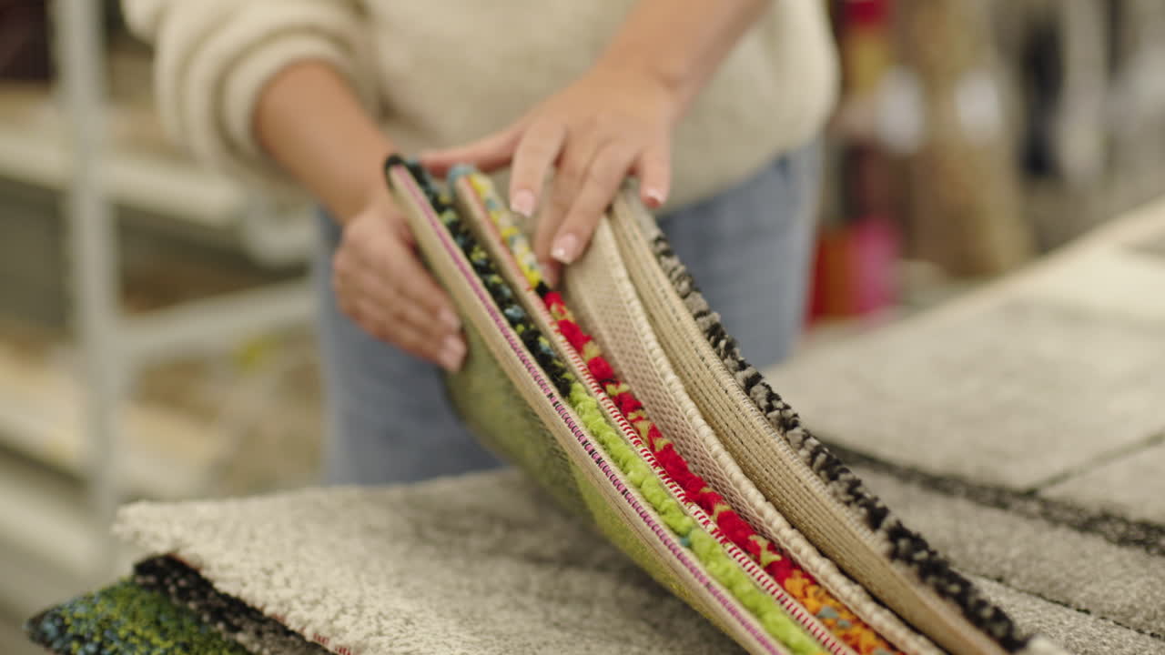 Woman examining colorful carpet and rug samples in home decor store while choosing flooring materials