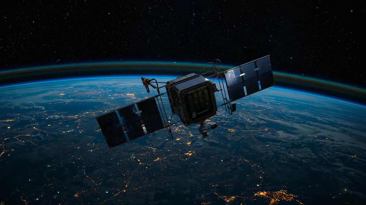 Orbiting cube bus rotating, angling solar panels during pass, showing payload, city lights, airglow
