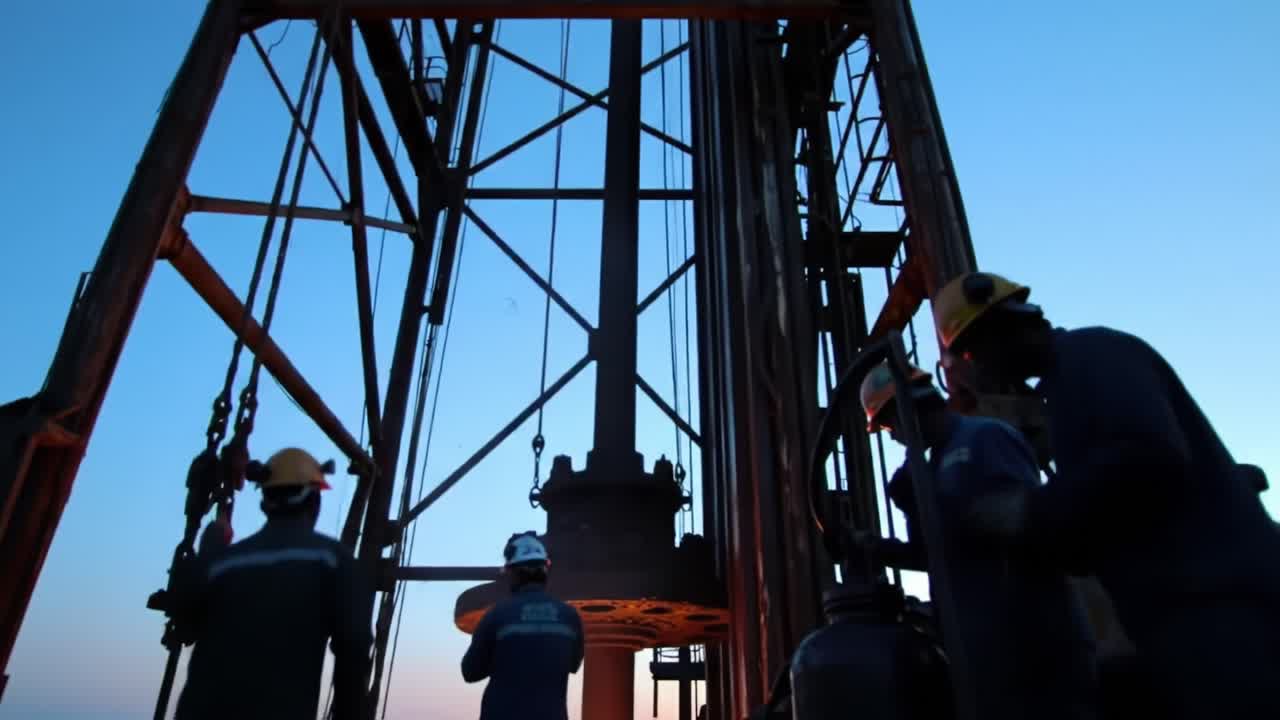 Workers Prepare Drilling Equipment at Sunset in Oil Field Operation
