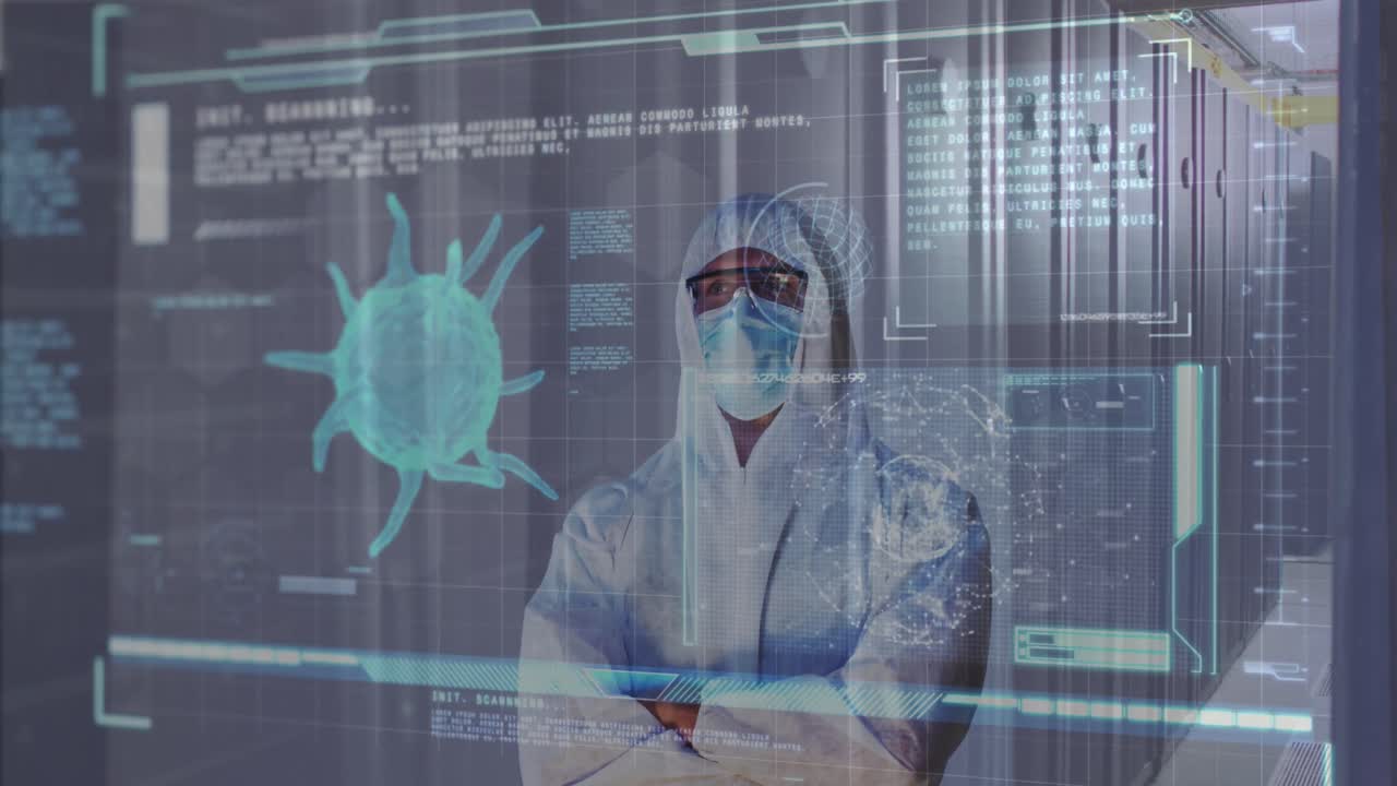 animación de células de covid 19 y hombre en traje de ppe sobre servidores de computadora