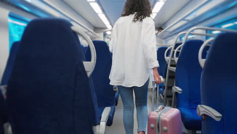 woman walking on a train with a pink suitcase