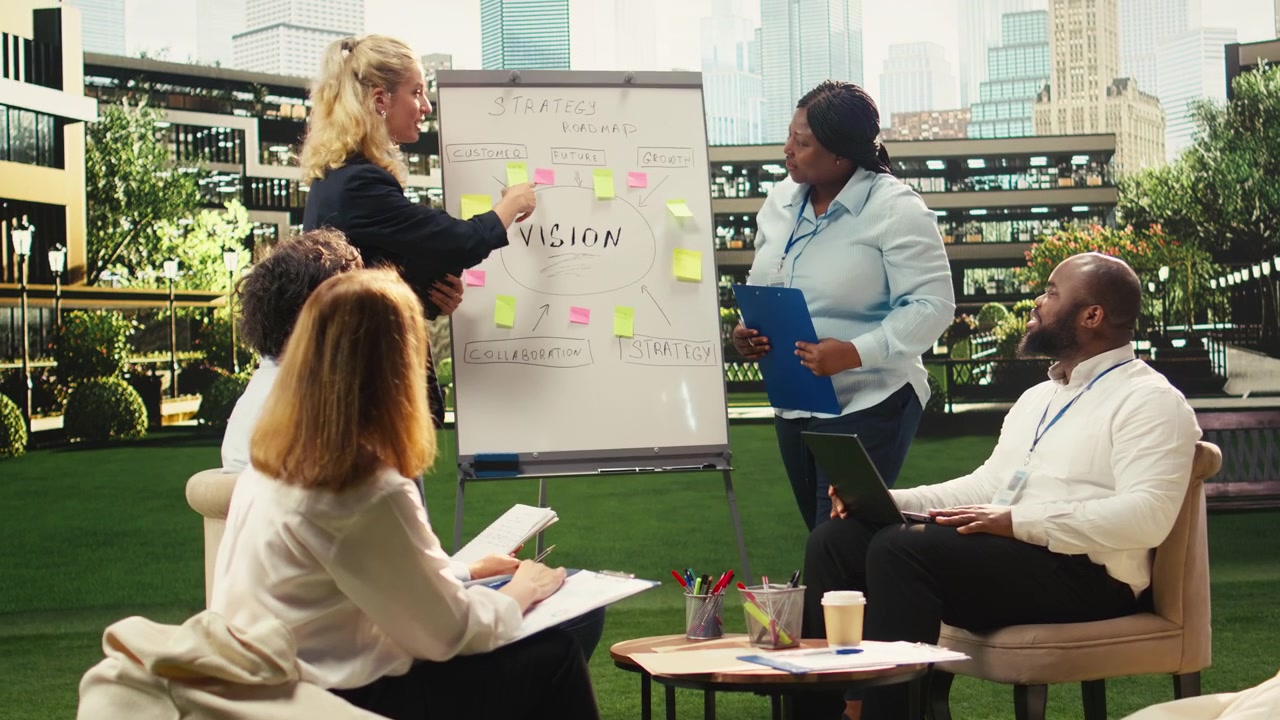Diverse Business Team Collaborating on Strategy in Outdoor Office Setting