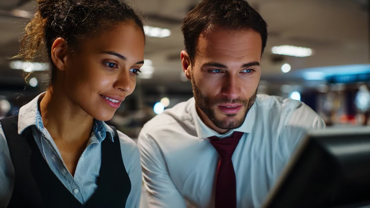 Professionisti aziendali concentrati collaborano a un progetto analizzando i dati su un tablet digitale in un ambiente ufficio moderno, mettendo in mostra il lavoro di team e la comunicazione in un ambiente di lavoro contemporaneo