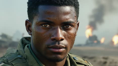 determined soldier portrait standing amid battlefield explosions, black smoke rising, conveying intense emotion and survival amid conflict