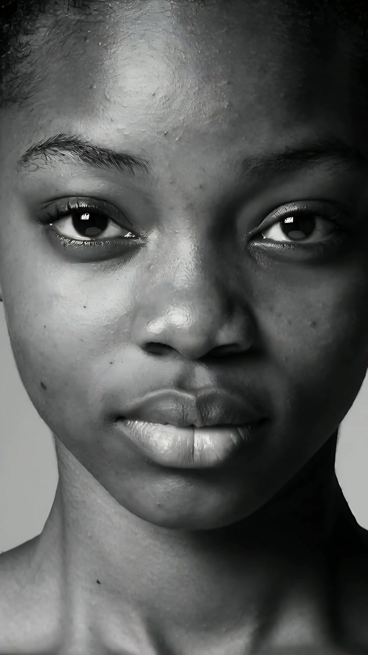 Vídeo vertical: Câmera em close-up de adolescente movendo os olhos, piscando e relaxando os lábios em estúdio